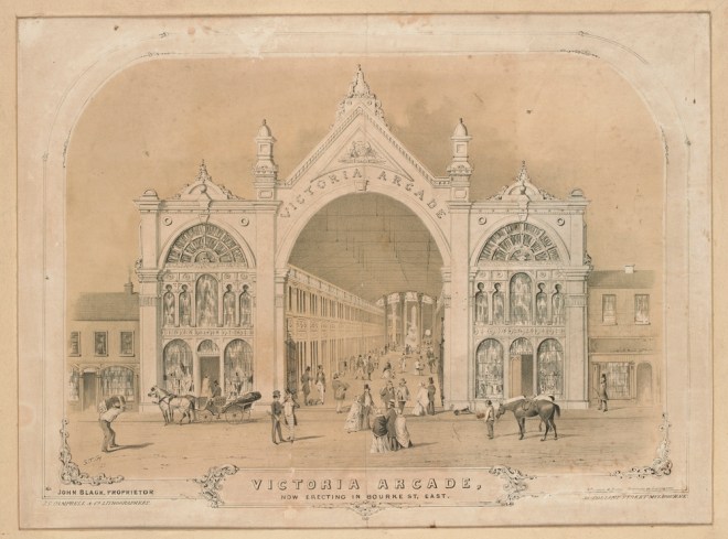 Victoria Arcade, Bourke Street Melbourne. ST Gill for JS Campbell & Co, Lithographers, 1853. State Library Victoria